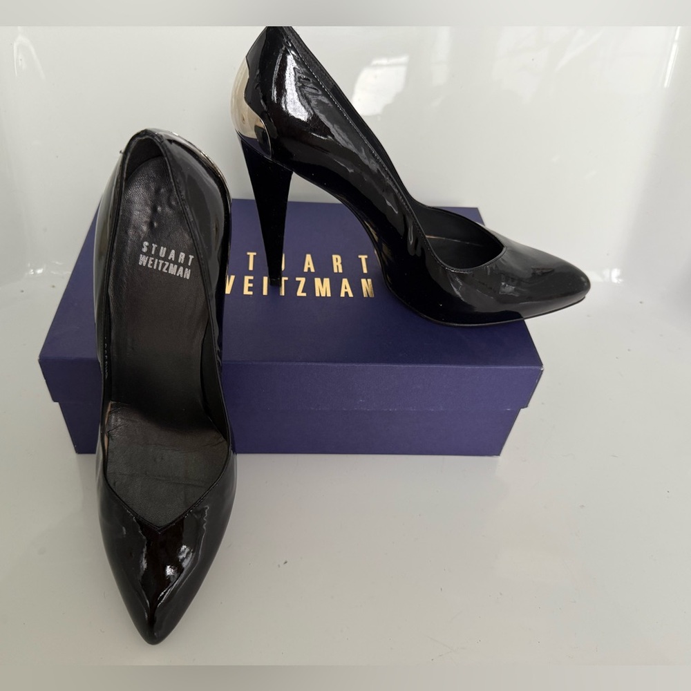 Stuart Weitzman 7 Black Patent Leather Hidden Platform Pumps Slim Heel
